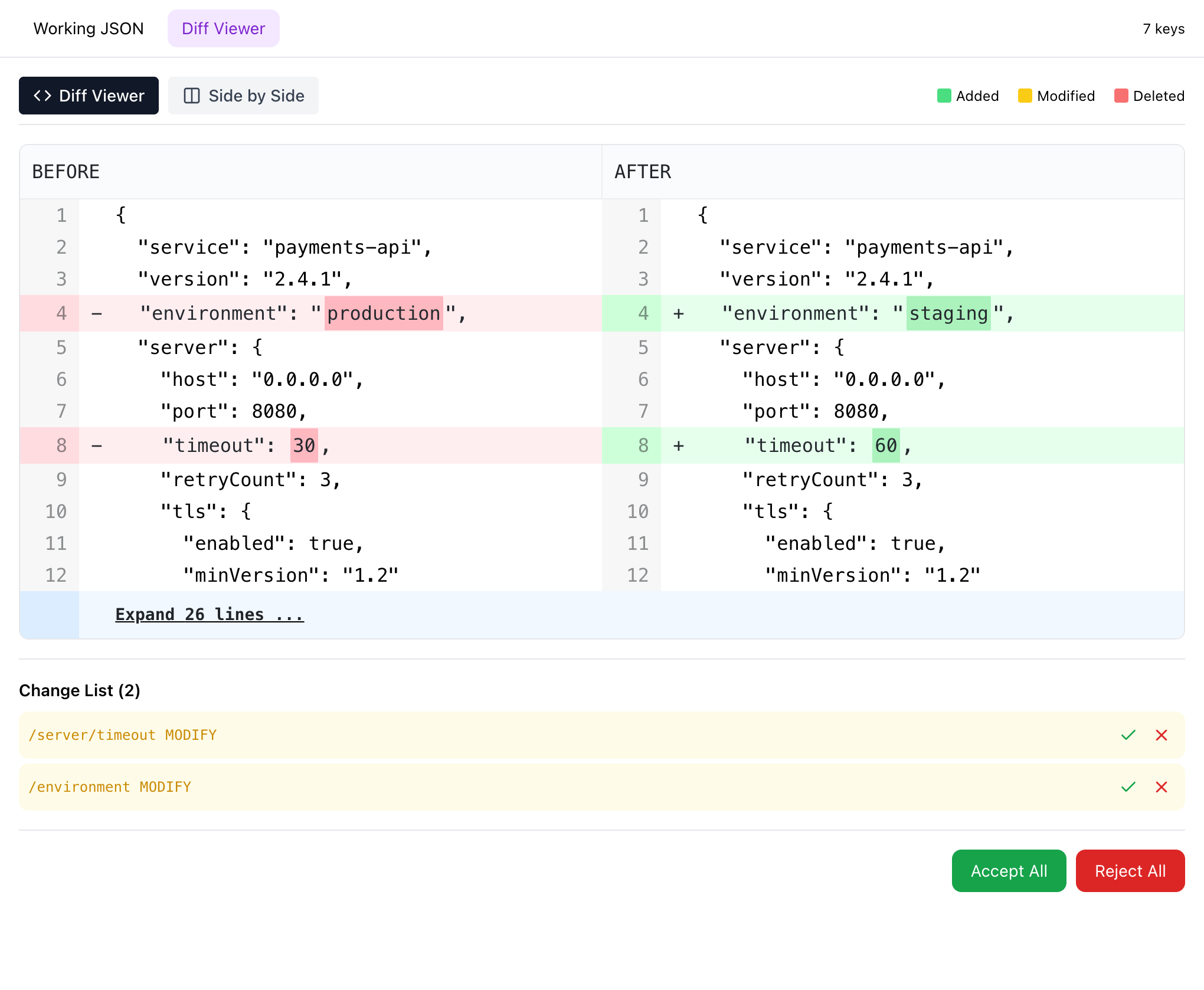 Side-by-side JSON diff viewer