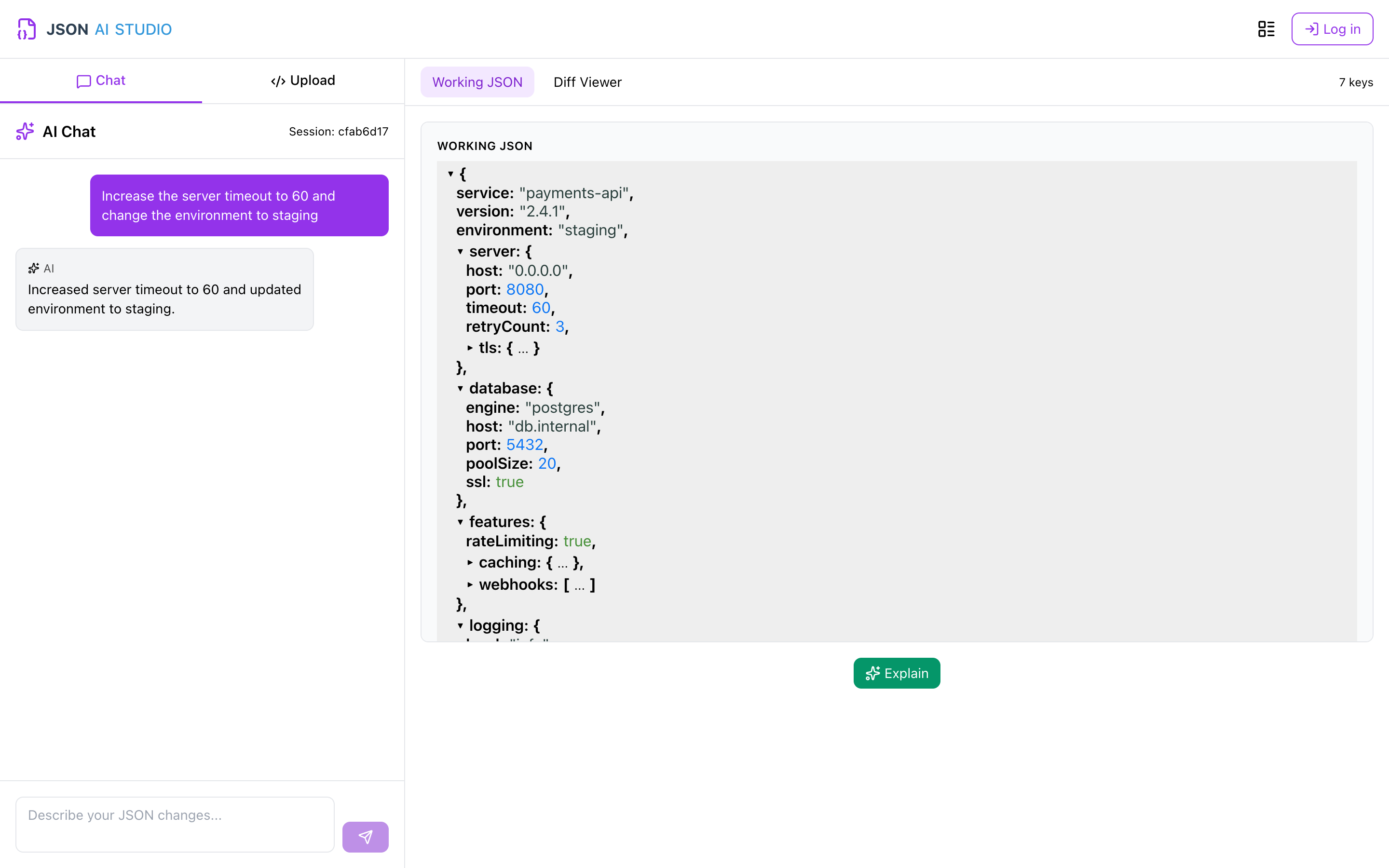 JSON AI Studio — AI chat, JSON tree and diff workspace
