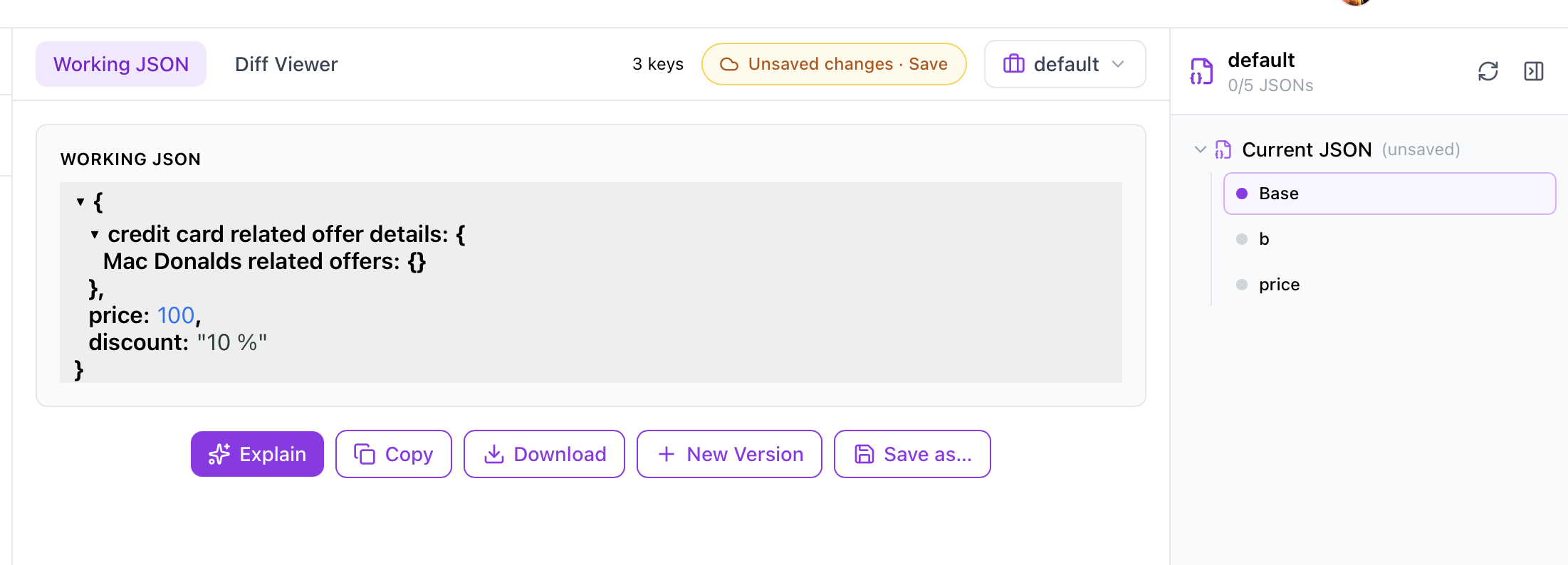 JSON AI Studio workspace with saved documents and version history